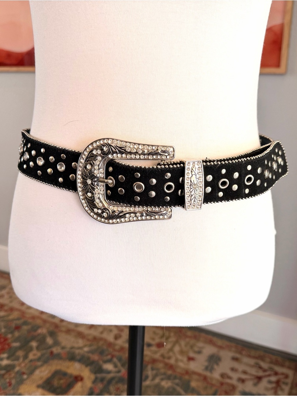 Black Western Rhinestone Studded Belt with Decorative Silver Buckle